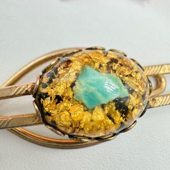 Vintage Gold Flake Turquoise Chip Tie Clip Unique Southwestern Retro Unsigned - Picture 3 of 11